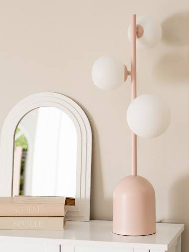 Marlow 3-Way Blush Pink Table Lamp with White Glass Globe Shades