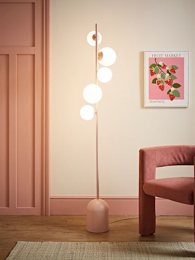 5-Way Blush Pink Floor Lamp with White Glass Globe Shades
