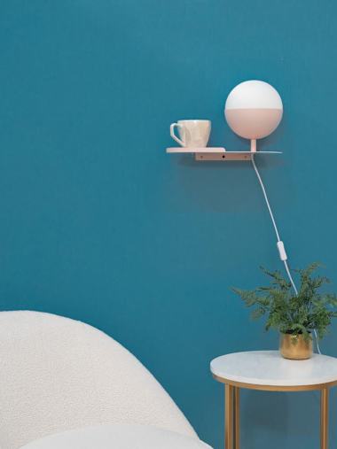 Blush Pink Shelf Wall Light with White Glass Globe Shade