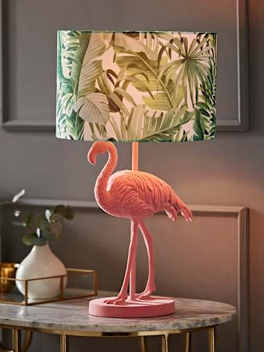 Flamingo Pink Velvet Table Lamp with Tropical Shade