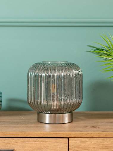 Monroe Battery Operated Brushed Chrome Table Lamp with Smoked Glass Shade