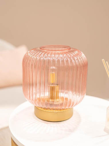 Monroe Battery Operated Gold Table Lamp with Blush Pink Glass Shade
