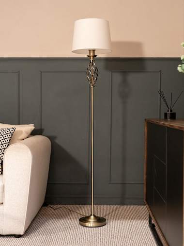 Antique Brass Twist Floor Lamp with Tapered Shade