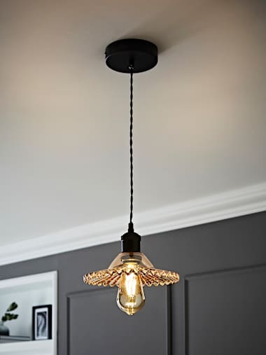 Lucrezia Black Pendant Ceiling Light with Frilled Amber Glass Shade