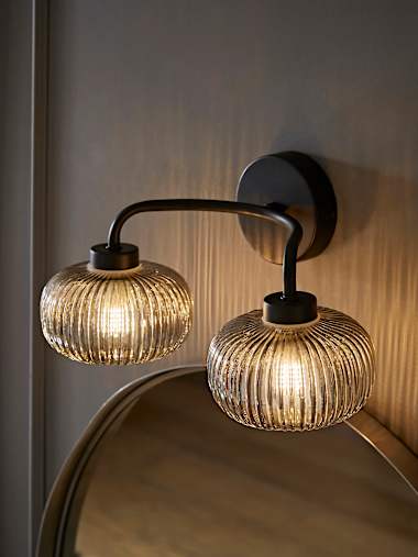 Amaia IP44 Matte Black 2-Way Wall Light with Smoked Glass Shades