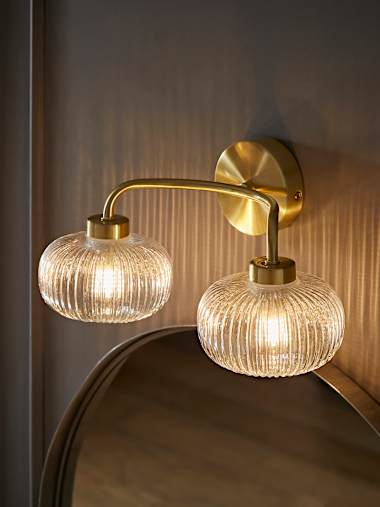 Amaia IP44 Gold 2-Way Wall Light with Clear Glass Shades