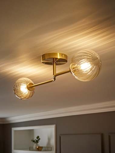 Chessy Brushed Gold and Ribbed Glass Shade 2 Arm Flush Ceiling Light