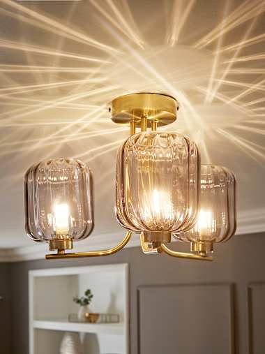 Brushed Gold 3 Arm Smoke Ribbed Glass Ceiling Light