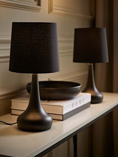 Teardrop Pair of Black Touch Table Lamps with Black Shades