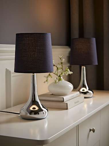 Teardrop Pair of Chrome Touch Table Lamps with Navy Shades