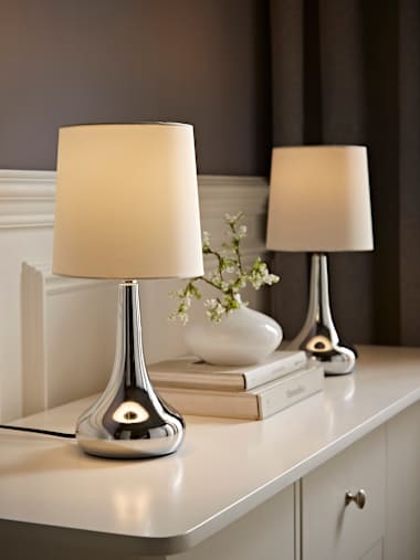 Pair of Chrome Touch Table Lamps with Cream Shades