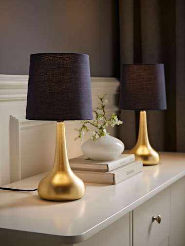 Pair of Brushed Gold Touch Table Lamps in with Navy Shades