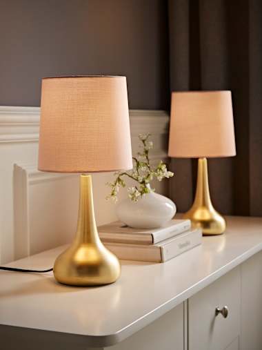 Teardrop Pair of Brushed Gold Touch Table Lamps in with Blush Shades