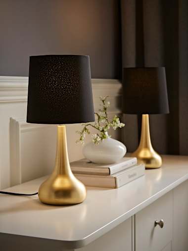 Pair of Brushed Gold Touch Table Lamps in with Black Shades