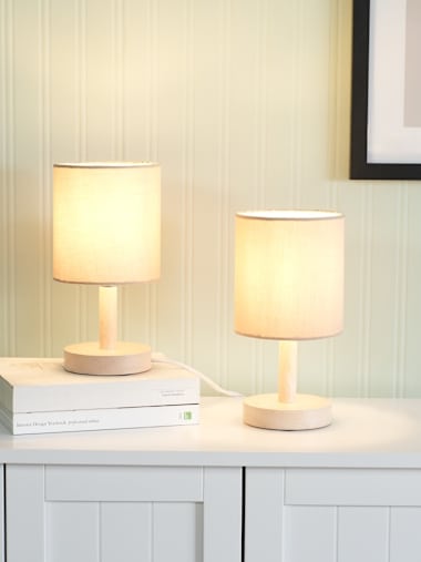 Pair of Wooden Table Lamps with Natural Shades