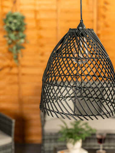 Outdoor Battery Powered Black Rattan Pendant Light