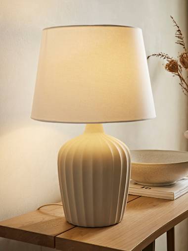 Hand-Finished Beige Ribbed Ceramic Table Lamp