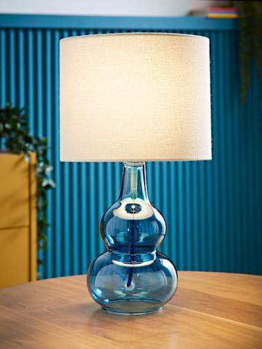 Aida Blue Bubble Glass Table Lamp with Linen Shade