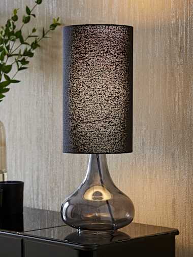 Squat Base Smoked Glass Table Lamp with Tall Shade
