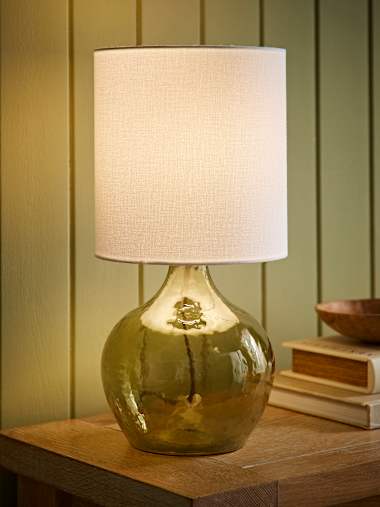 Emily Green Glass Table Lamp with Linen Shade