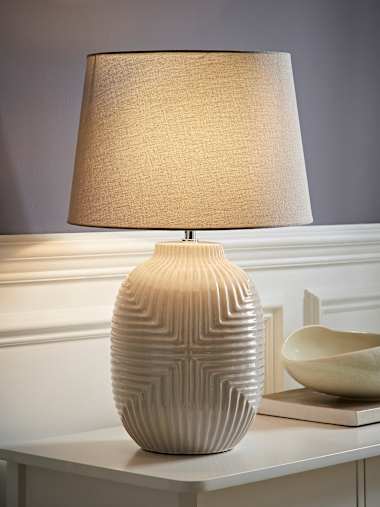 Large Grey Geo Ribbed Gloss Table Lamp