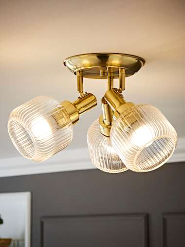 Calpe Antique Brass Ceiling Spotlight with Clear Ribbed Glass Shades