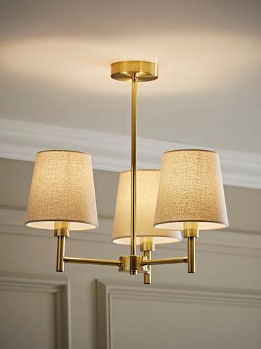 Kincaid 3 Arm Brushed Gold Chandelier Ceiling Light with White Shades