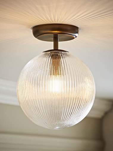 Kempton Brushed Brass and Ribbed Glass Globe Ceiling Light