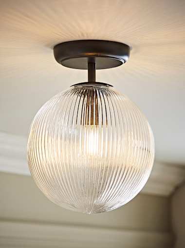 Kempton Matte Black and Ribbed Glass Globe Ceiling Light