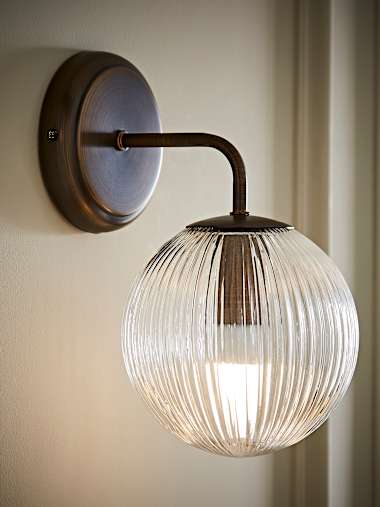 Kempton Brushed Brass and Ribbed Glass Globe Wall Light