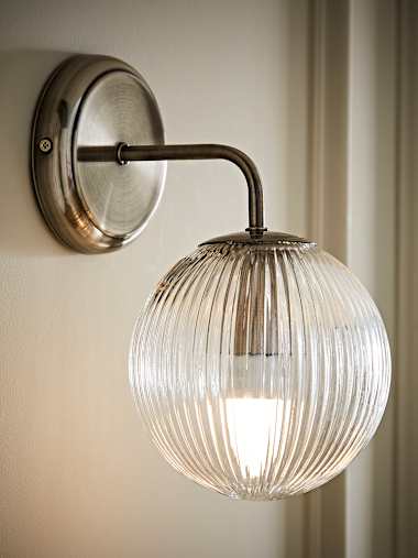 Kempton Brushed Chrome and Ribbed Glass Globe Wall Light