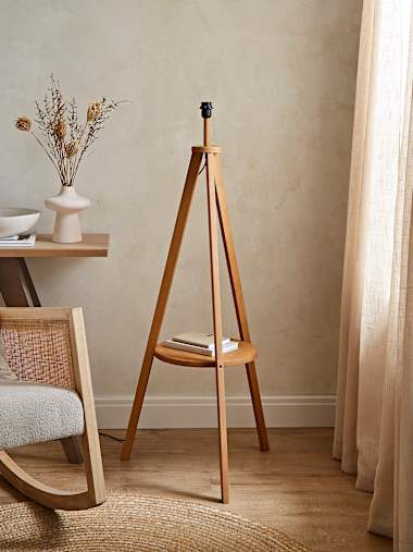 Mid Wood Tripod Floor Lamp with Shelf