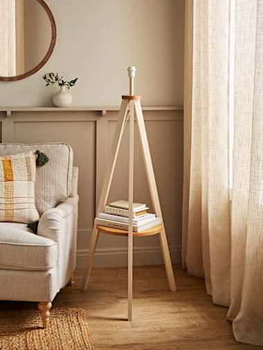 Cream Wood Tripod Floor Lamp with Shelf