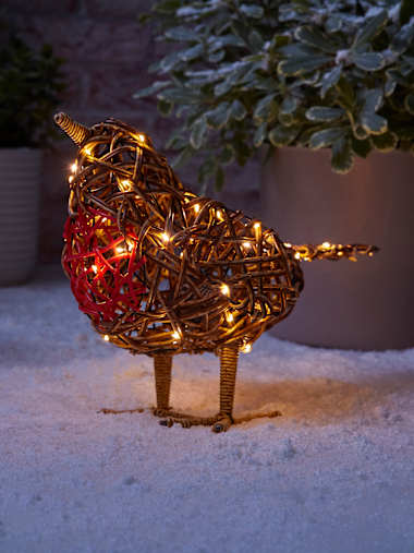 Premier Decorations Battery Operated Outdoor Rattan Robin with Warm White LEDs