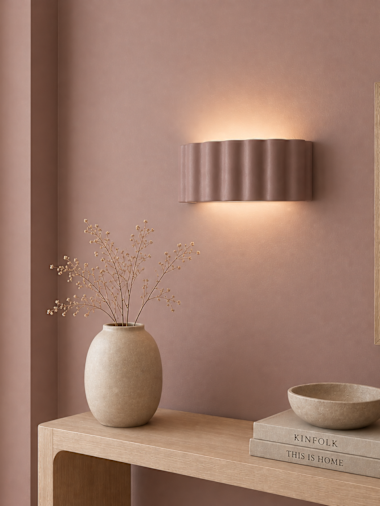 Muted Pink Ribbed Ceramic Flush Wall Light