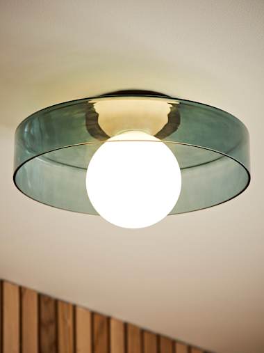 Forest Green IP44 Glass Dish Flush Ceiling Light with Frosted Globe Shade