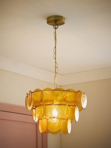 3 Tier Brushed Gold and Orange Glass Chandelier