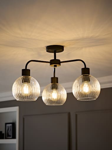 Matte Black 3-Way Ceiling Light with Ribbed Glass Shades