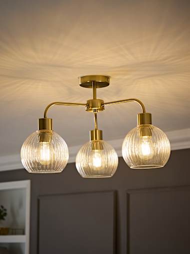 Brushed Gold 3-Way Ceiling Light with Ribbed Glass Shades