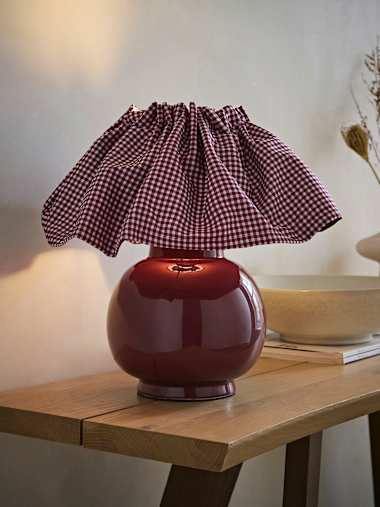 Burgundy Ceramic Table Lamp with Pleated Gingham Shade