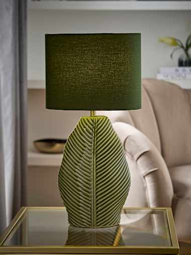 Forest Green Embossed Leaf Ceramic Table Lamp with Oval Shade