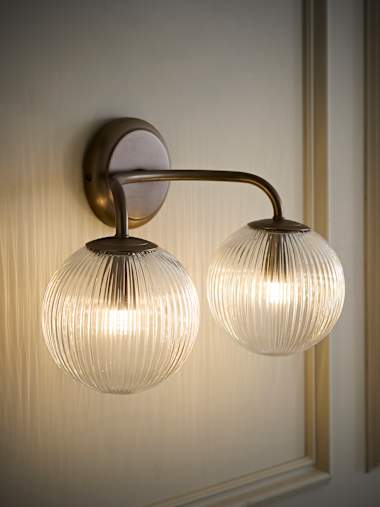 Brushed Brass IP44 Ribbed Glass Globe 2 Arm Wall Light