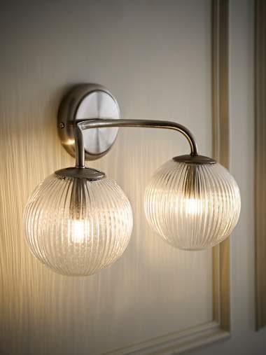 Brushed Chrome IP44 Ribbed Glass Globe 2 Arm Wall Light