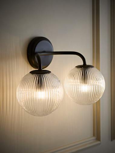 Matte Black IP44 Ribbed Glass Globe 2 Arm Wall Light