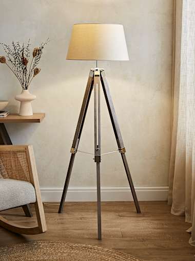 Light Wood Tripod Floor Lamp with Beige Shade