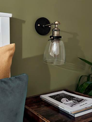 Pair of Antique Brass Wall Lights with Glass Shades