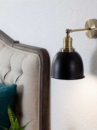 Wilhelm Pair of Antique Brass Adjustable Wall Lights with Black Shades