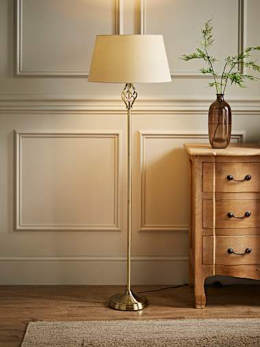 Memphis Antique Brass Floor Lamp with Beige Shade