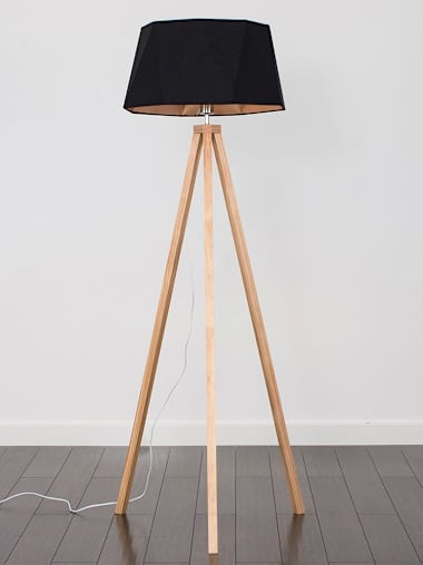 Light Wood Tripod Floor Lamp with Black and Copper Geometric Shade