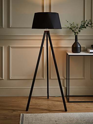 Barbro Black Wood Tripod Floor Lamp with Black and Copper Geometric Shade